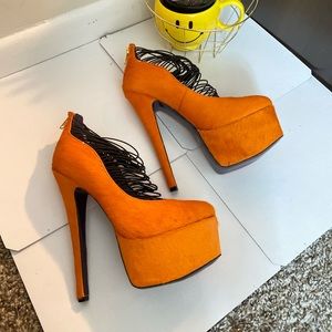 London Trash Neon Orange Leather Fur Platform Heels // Size 9